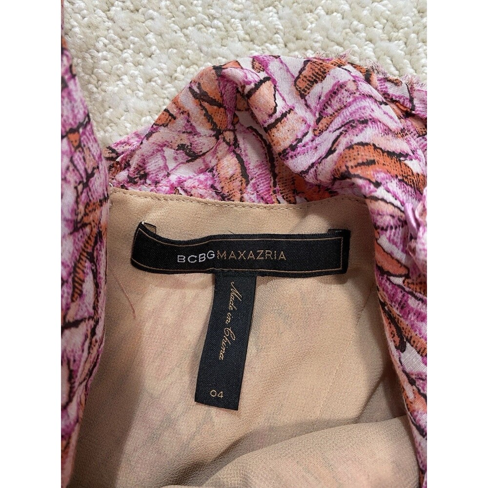 BCBGMAXAZRIA Pink Orange Abstract Print Ruched Draped Midi Dress Size 4 - Picture 13 of 16